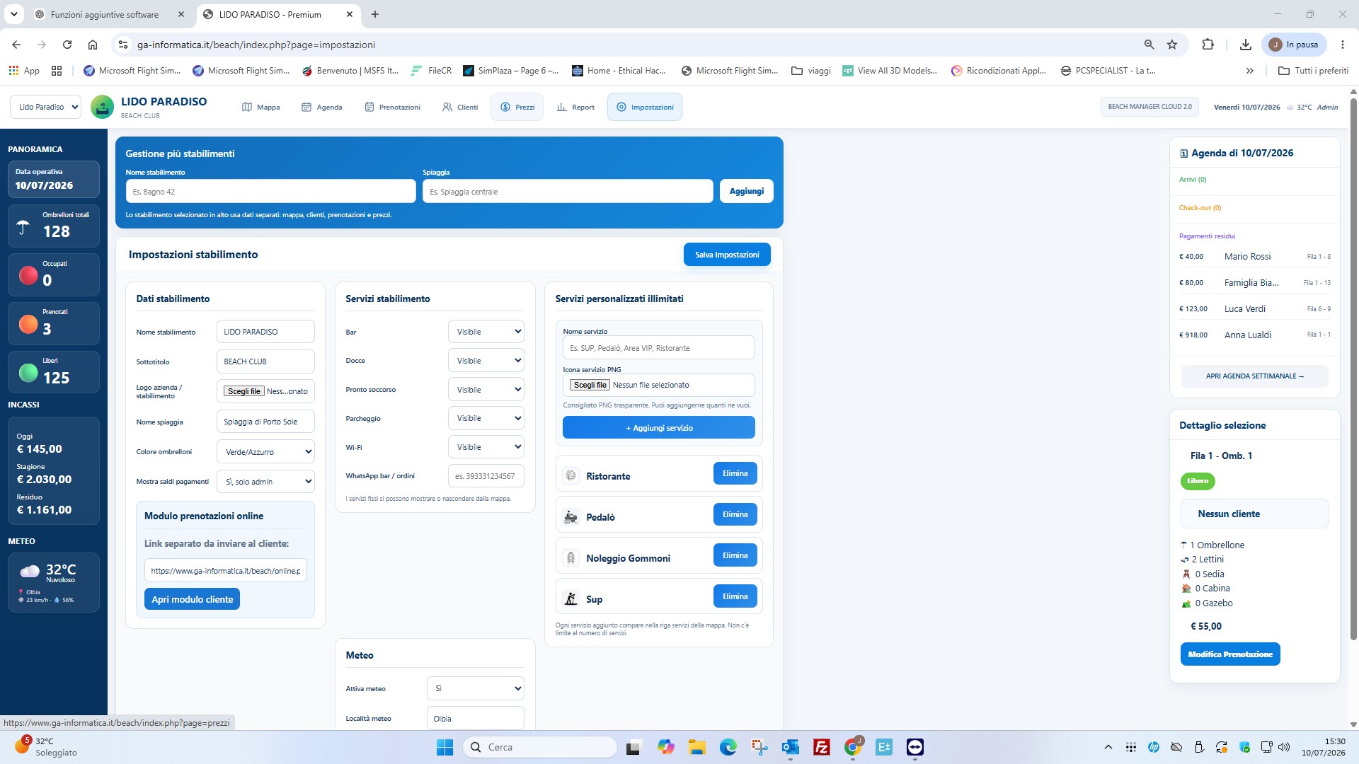 Impostazioni del gestionale Beach Manager Cloud